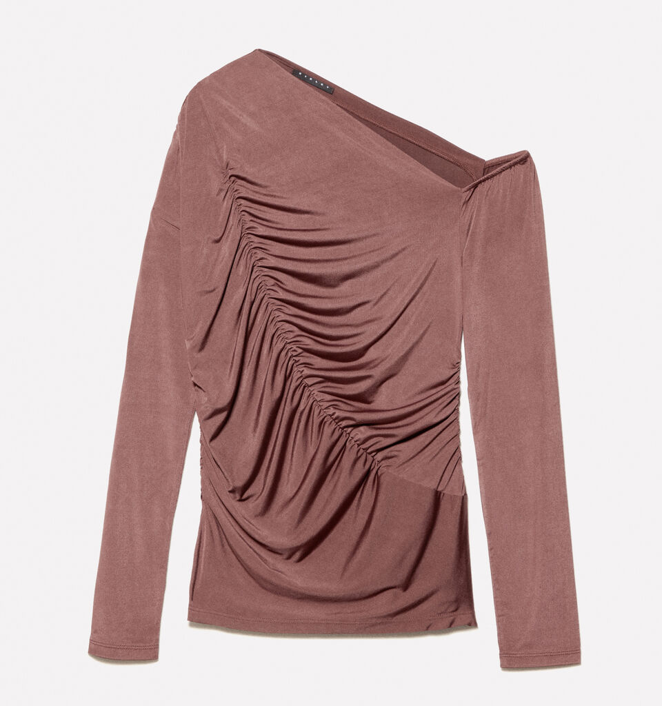 Dark brown t-shirt with rouching - women's tops - Dark Brown | Sisley image number 6